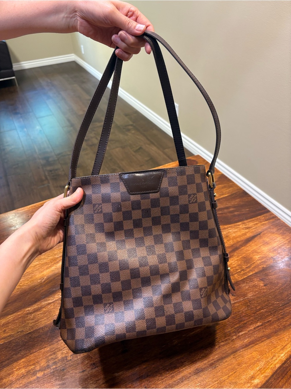 Louis Vuitton Brown Check Tote with Red Interior - Picture 14 of 15